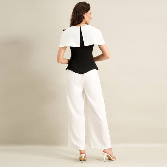 Elegant Black White Contrast Two Piece Pant Set