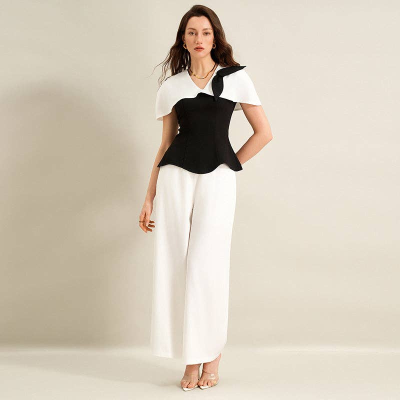 Elegant Black White Contrast Two Piece Pant Set