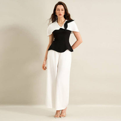 Elegant Black White Contrast Two Piece Pant Set