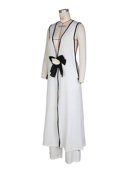 Sleeveless Contrast Color Split-Joint V-Neck Top + Wide Leg Pants Trousers Two Pieces Set