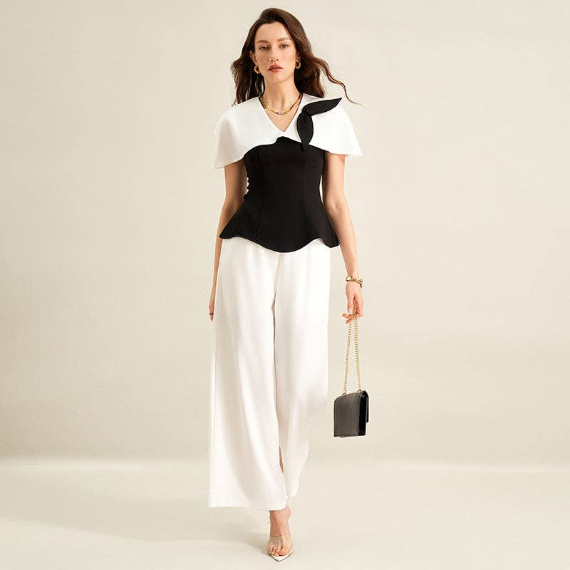 Elegant Black White Contrast Two Piece Pant Set