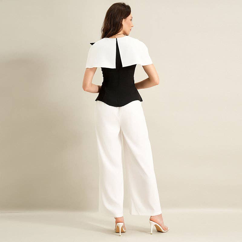 Elegant Black White Contrast Two Piece Pant Set